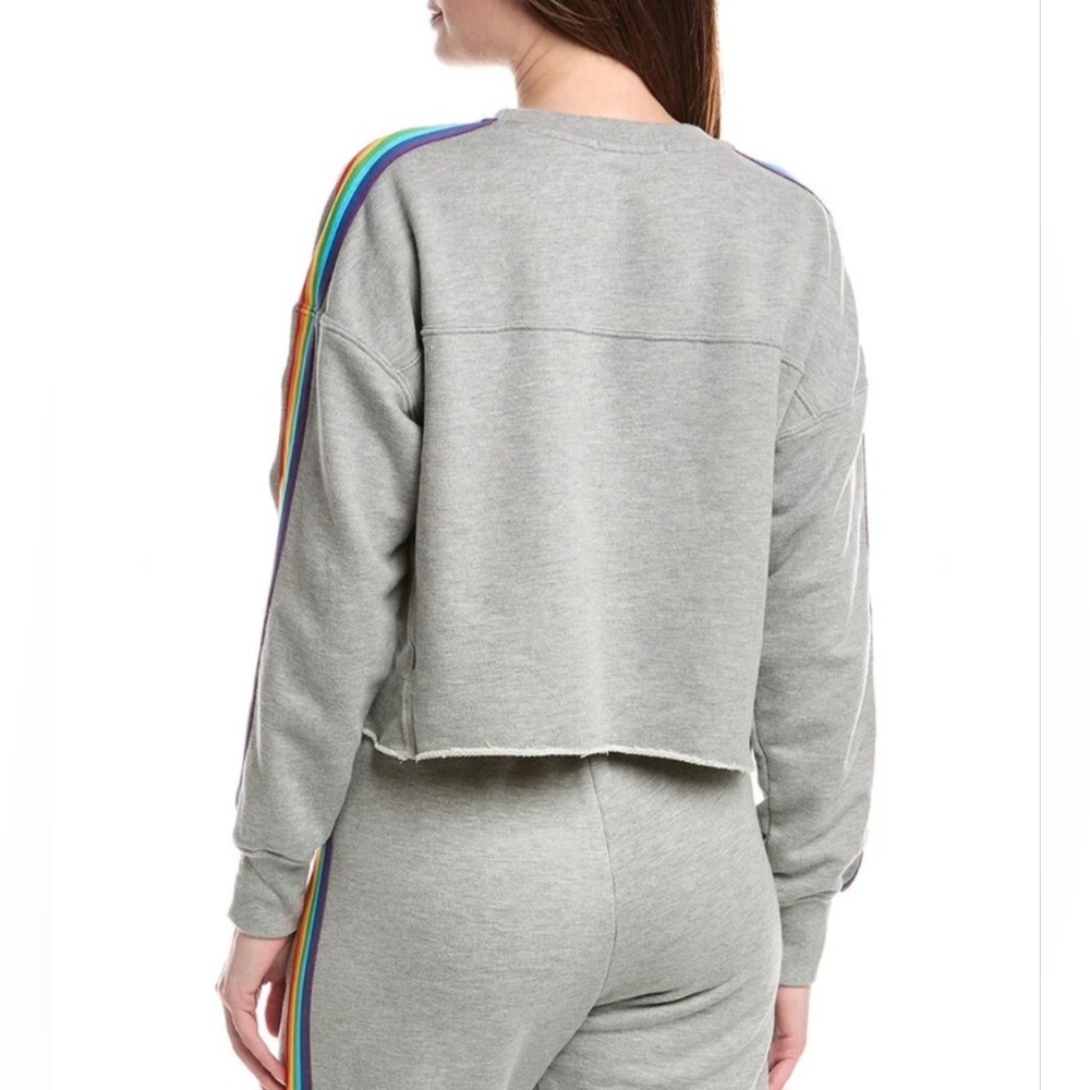 Spiritual Gangster Cropped Sweatshirt W Vibrant Rainbow Stripes- In Heather Gray - Picture 3 of 9